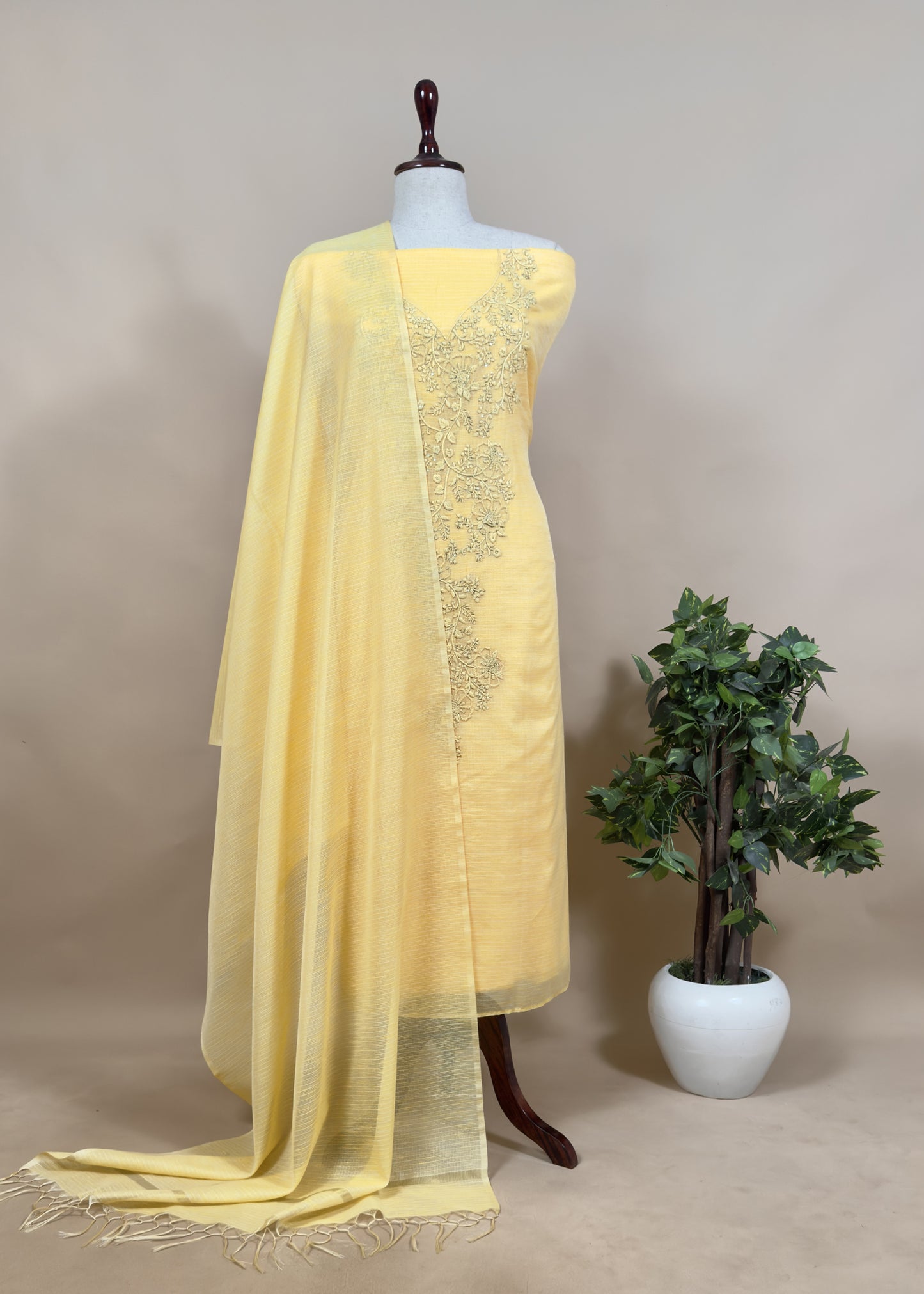 Grey And Sage Green French Knot Hand Embroidered Kota Doria Summer Suit Set