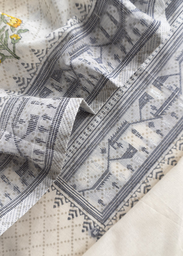 Off White With Black Cotton Linen Suit With Jamdani Weaving