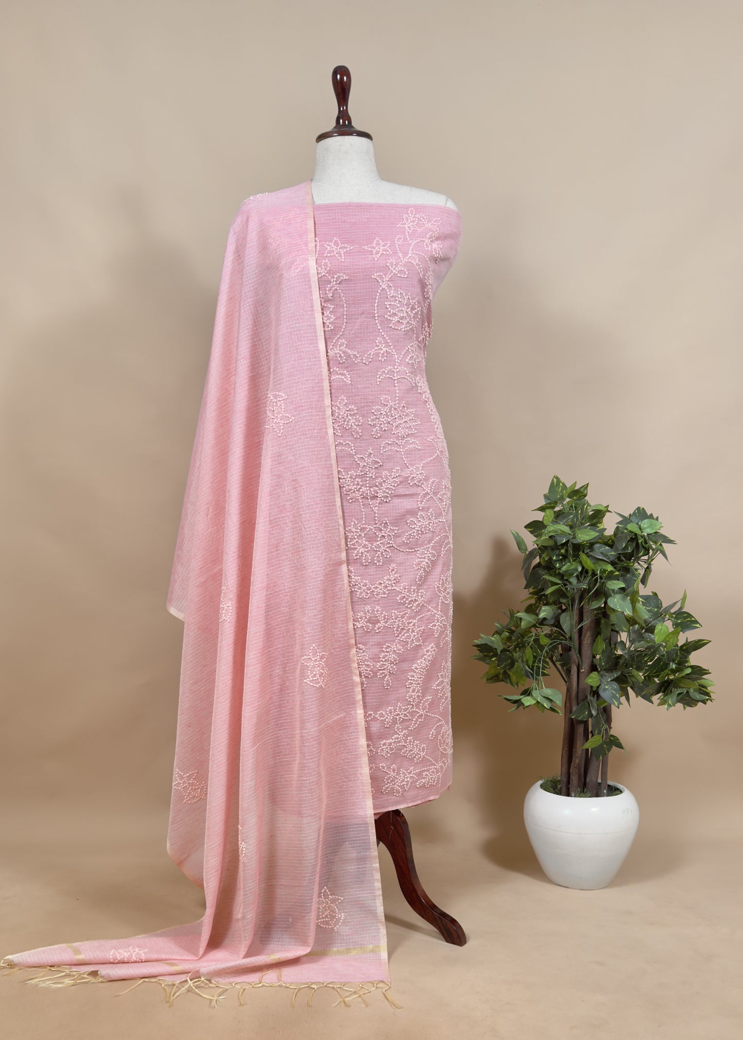 Pale Greenish Grey French Knot Hand Embroidered Kota Doria Summer Suit Set
