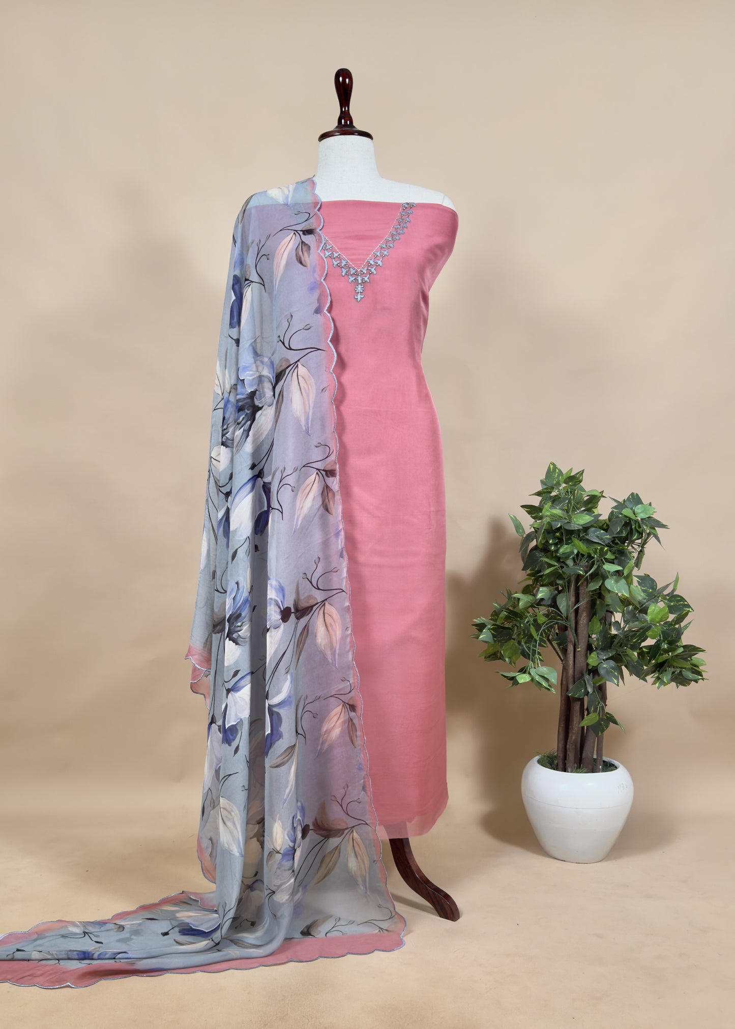 Green Embroidered Organza Suit With Floral Dupatta