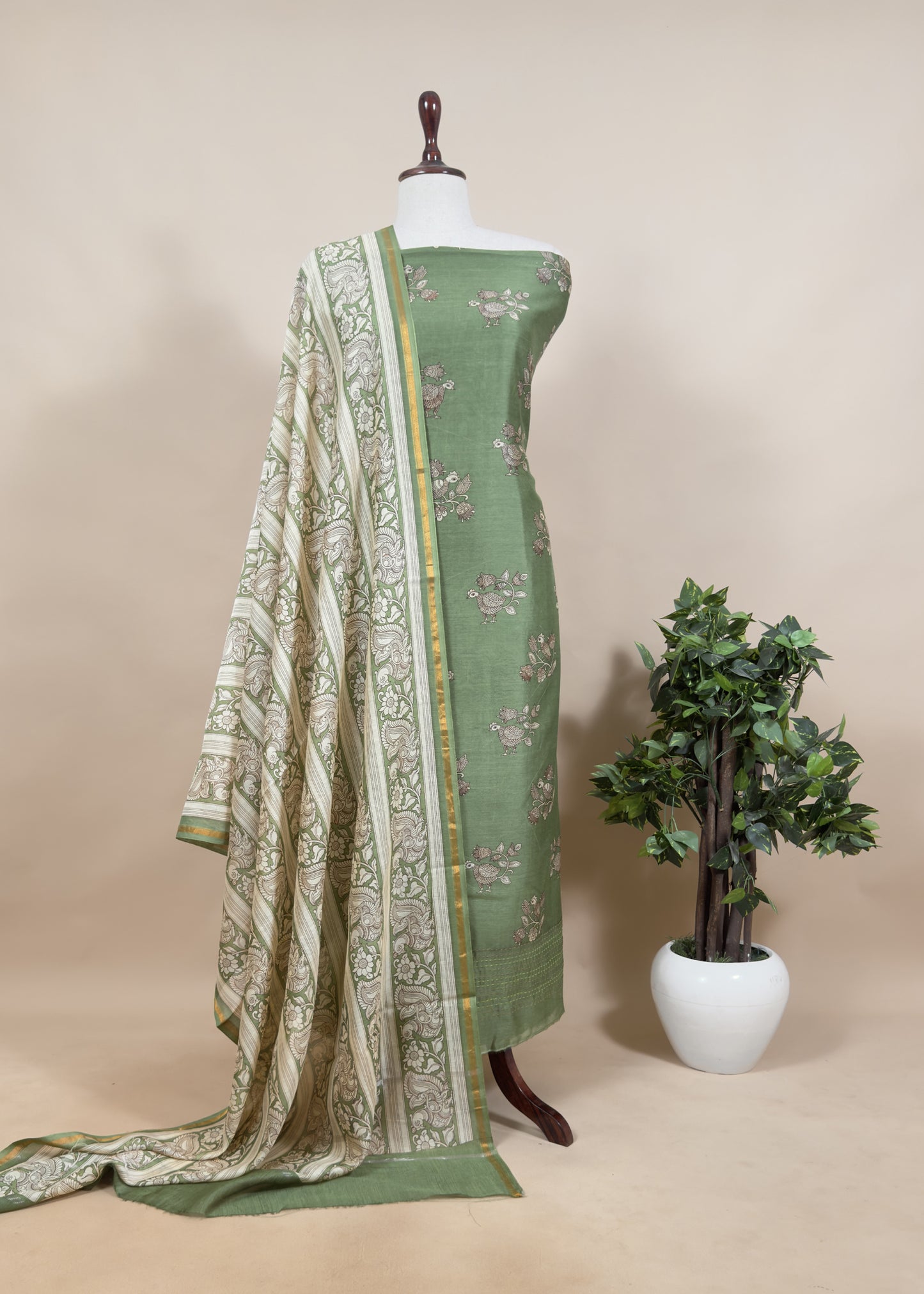 Deep Pink Kantha Embroidered Maheshwari Silk Madhubani Print Unstitched Suit