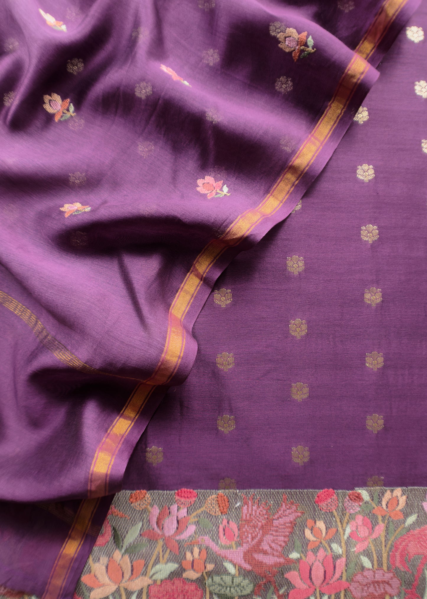 Wine Handloom 70gm Chanderi Unstitched Suit Set With Multicolour Embroidery