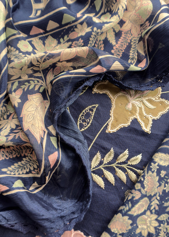 Navy Blue Pure Glace Cotton Kurta And Pure Chinon Dupatta With Applique Work