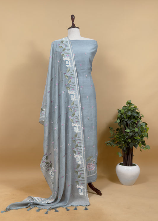 Light Blue Grey Pure Mul Pichwai Unstitched Suit With Pichwai Embroidery