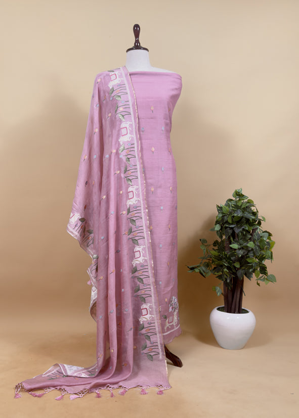 Light Yellow Pure Mul Pichwai Unstitched Suit With Pichwai Embroidery