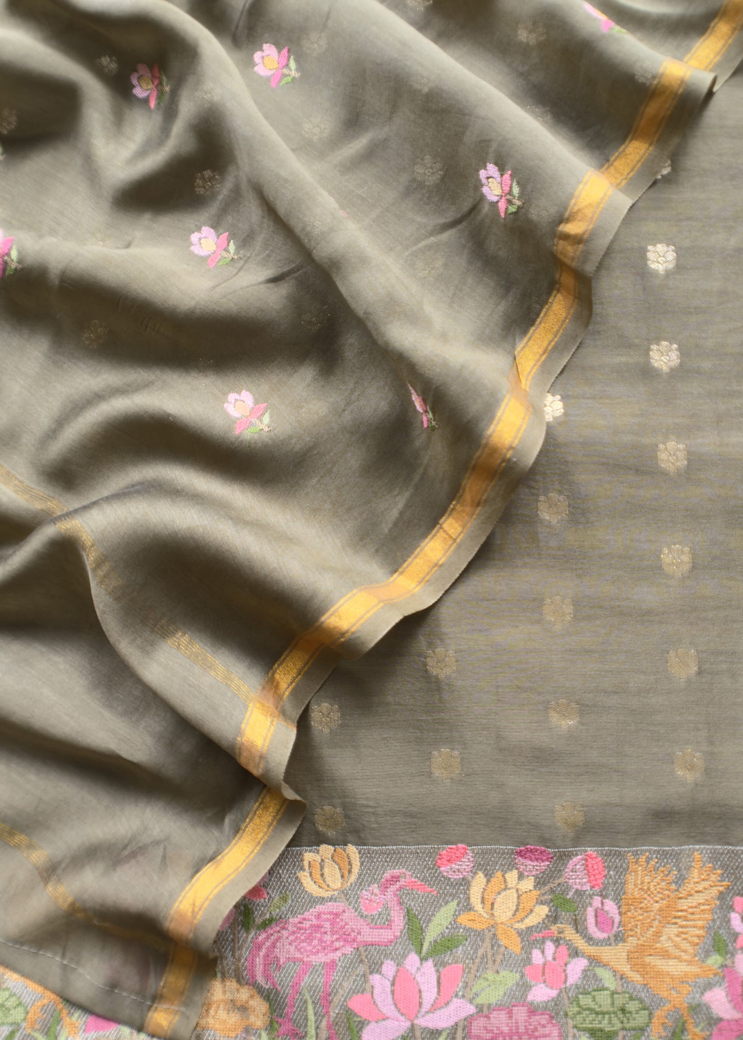 Mehendi Green Handloom 70gm Chanderi Unstitched Suit Set ith Multicolour Embroidery