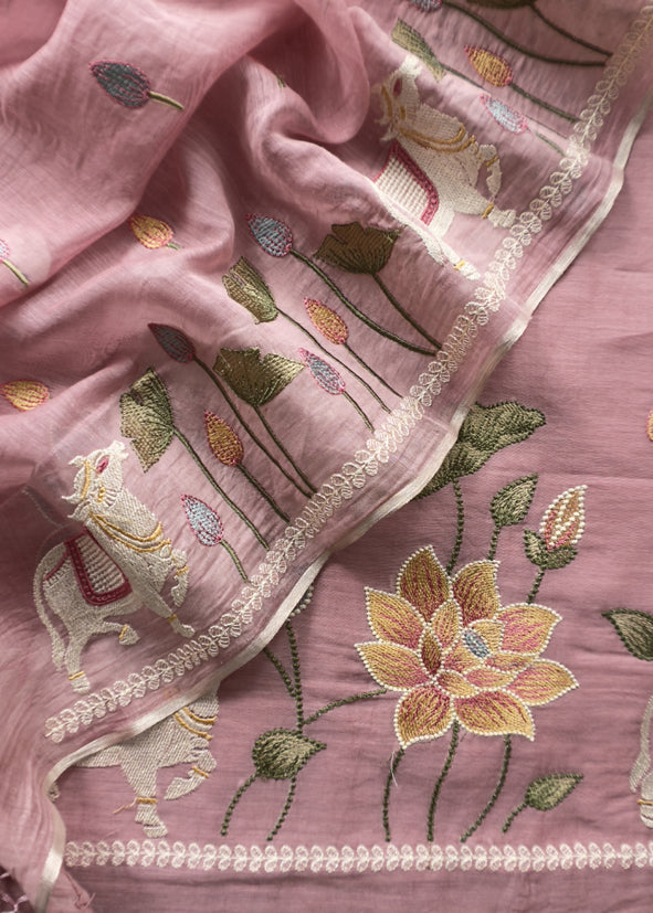 Flamingo Pink Pure Mul Pichwai Unstitched Suit With Pichwai Embroidery