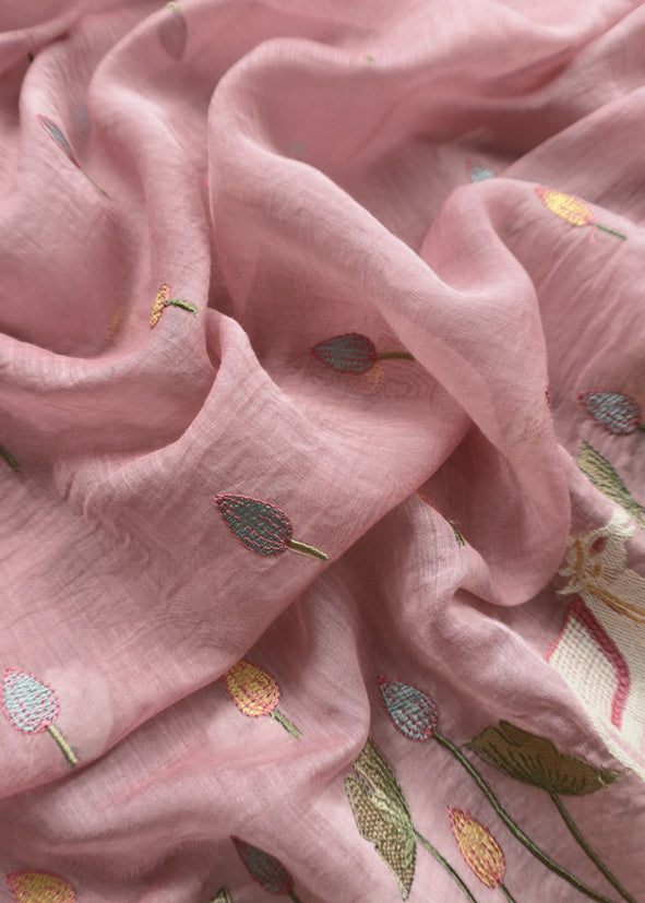 Flamingo Pink Pure Mul Pichwai Unstitched Suit With Pichwai Embroidery