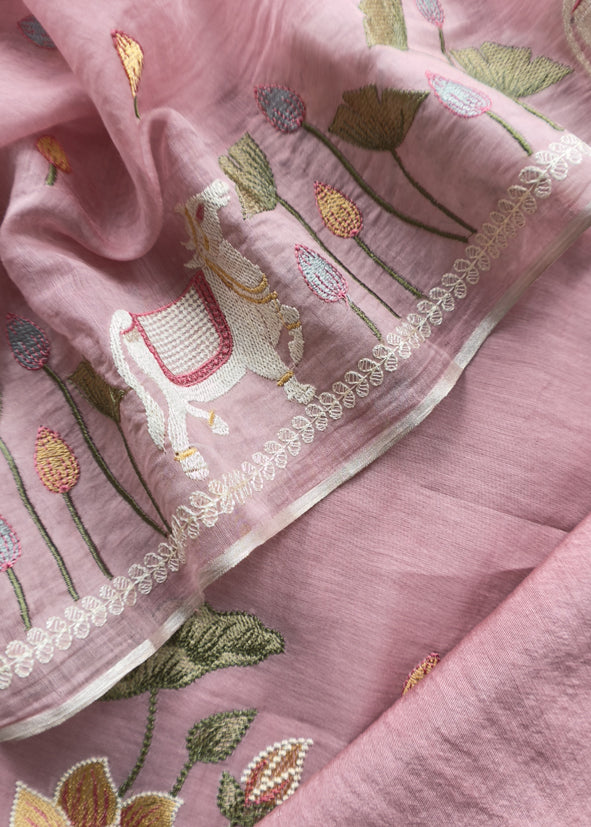 Flamingo Pink Pure Mul Pichwai Unstitched Suit With Pichwai Embroidery
