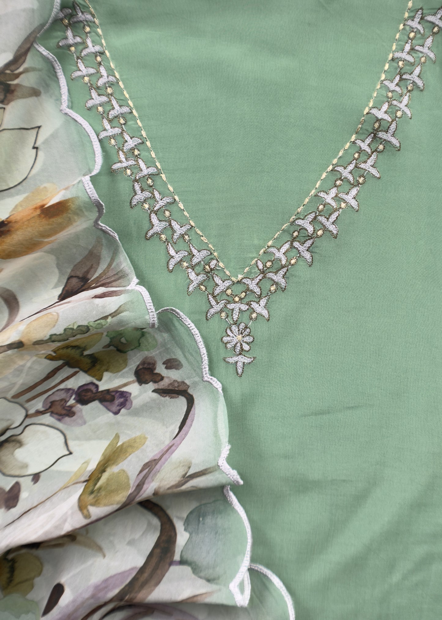 Green Embroidered Organza Suit With Floral Dupatta