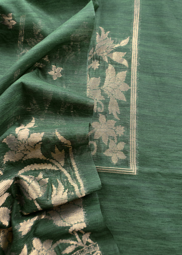 Green Chanderi Unstitched suit with Gold zari Jamdani weaving