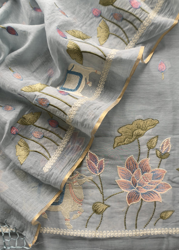 Light Blue Grey Pure Mul Pichwai Unstitched Suit With Pichwai Embroidery