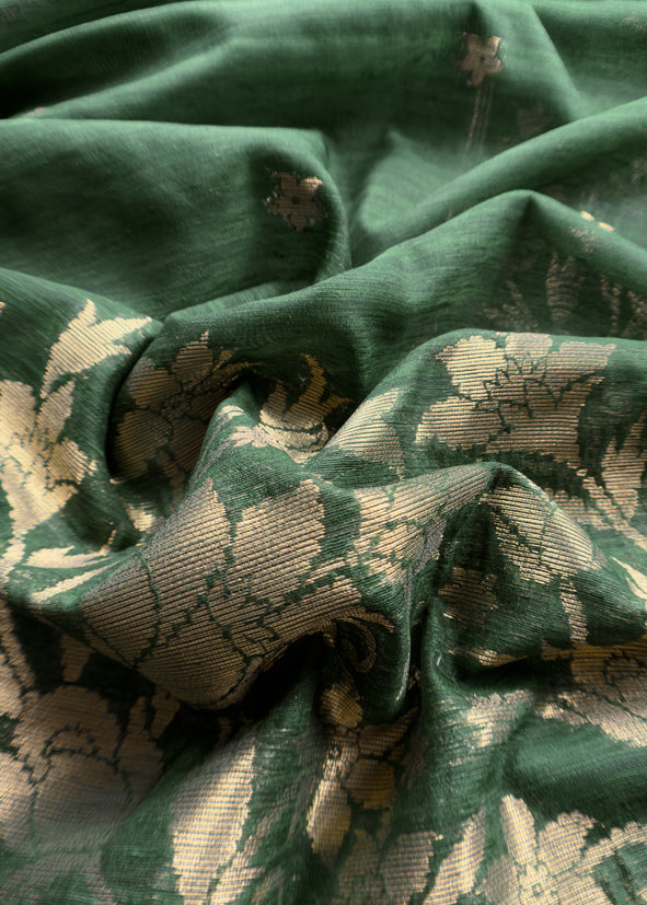 Green Chanderi Unstitched suit with Gold zari Jamdani weaving
