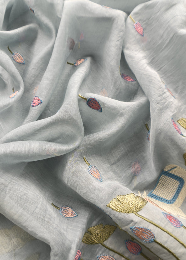 Light Blue Grey Pure Mul Pichwai Unstitched Suit With Pichwai Embroidery
