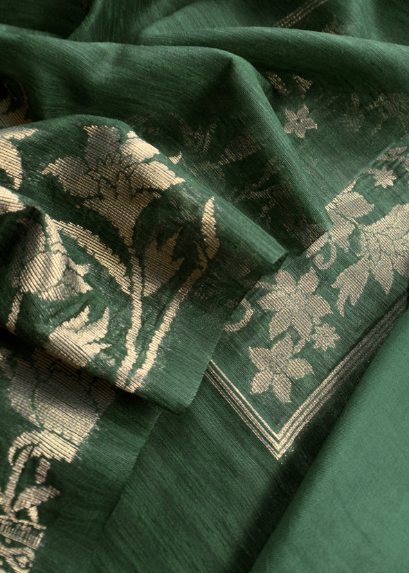 Green Chanderi Unstitched suit with Gold zari Jamdani weaving