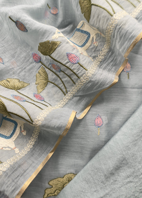 Light Blue Grey Pure Mul Pichwai Unstitched Suit With Pichwai Embroidery