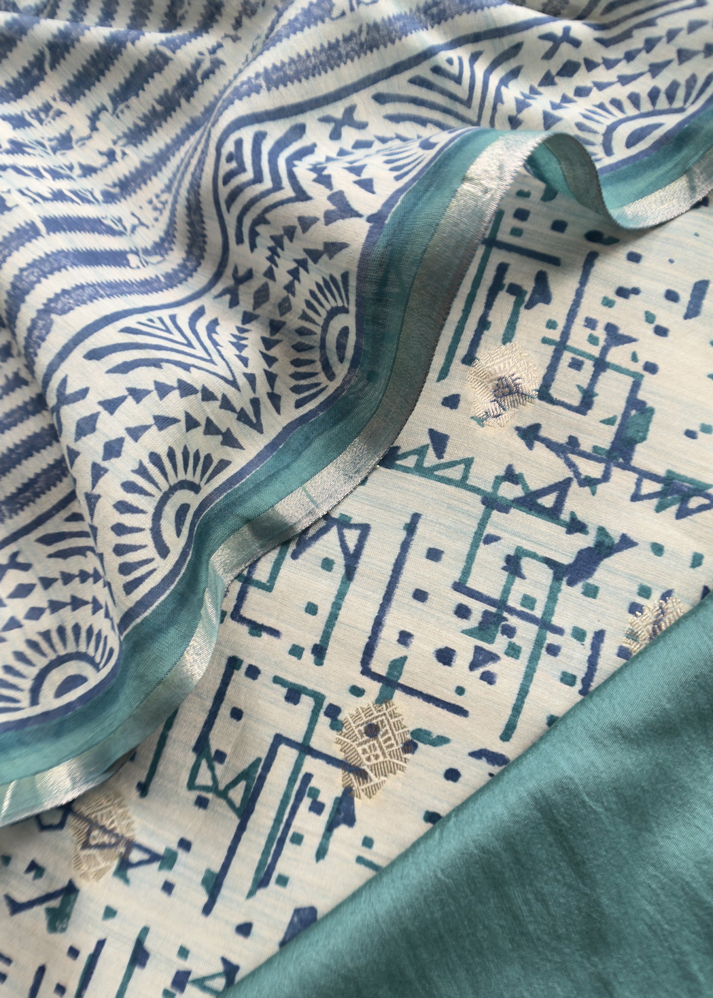 Blue Grey Handblock Maheshwari Silk With Zari Weaving