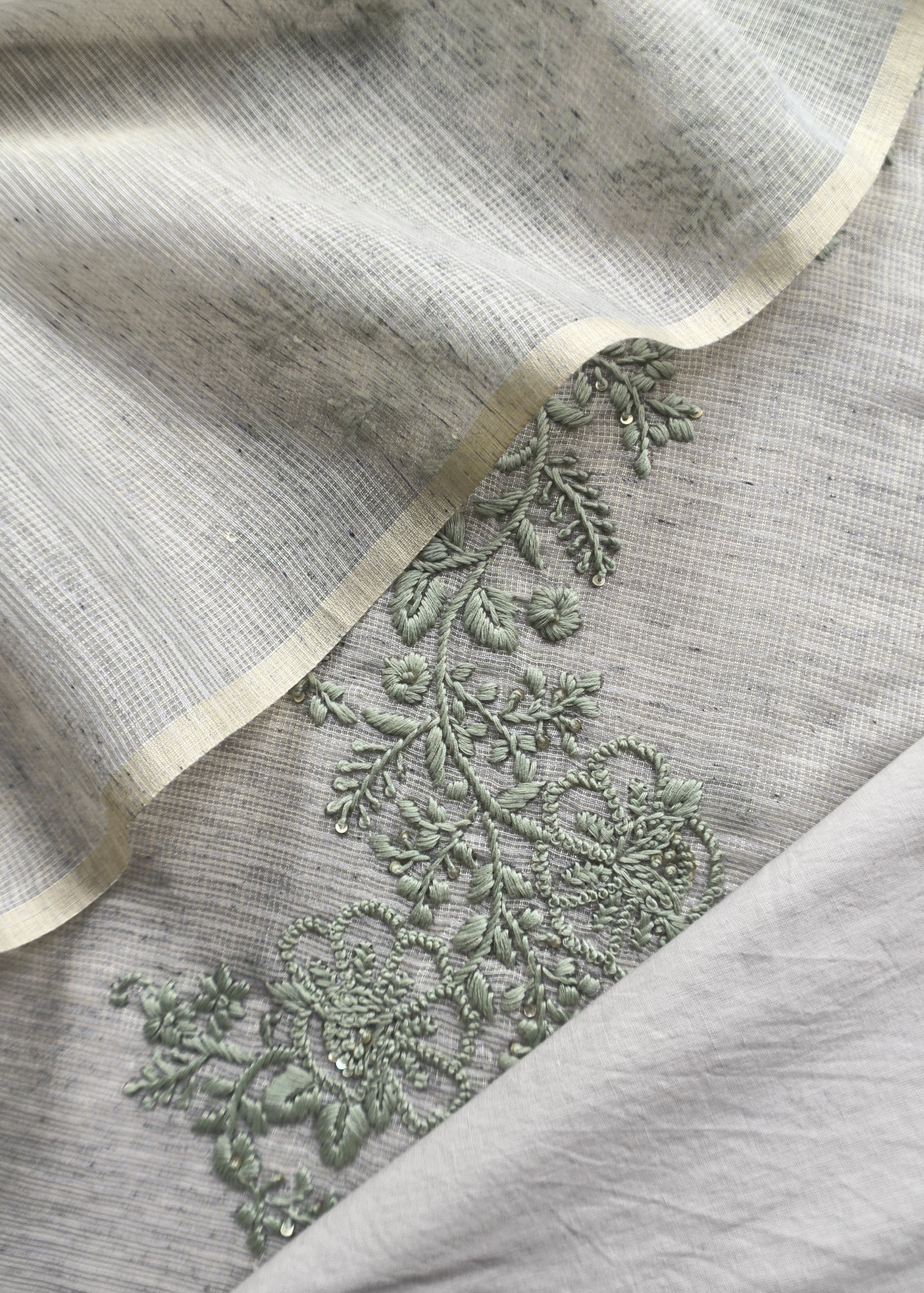 Grey And Sage Green French Knot Hand Embroidered Kota Doria Summer Suit Set