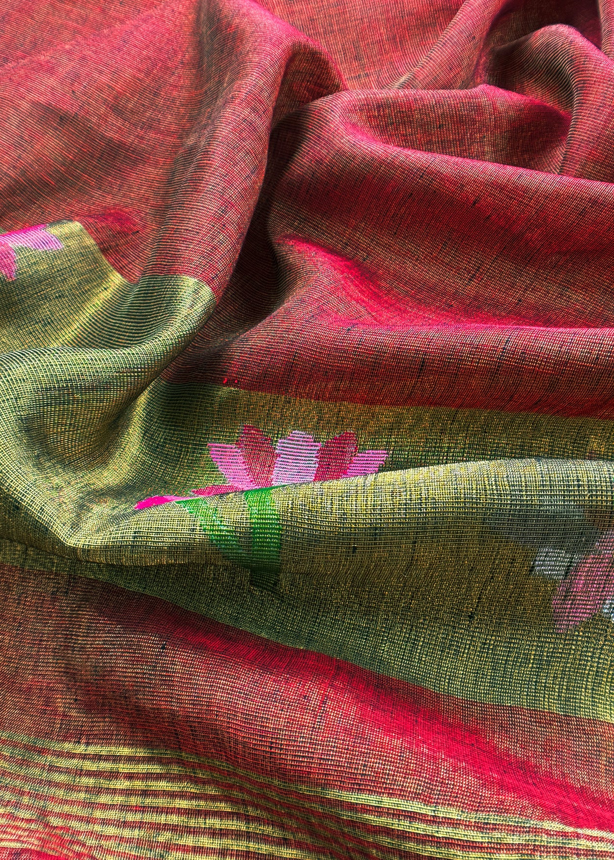 Maroon Pure Linen Suit Fabric With Gold Zari lotus Needle Jamdani Weaving Handmade On Loom