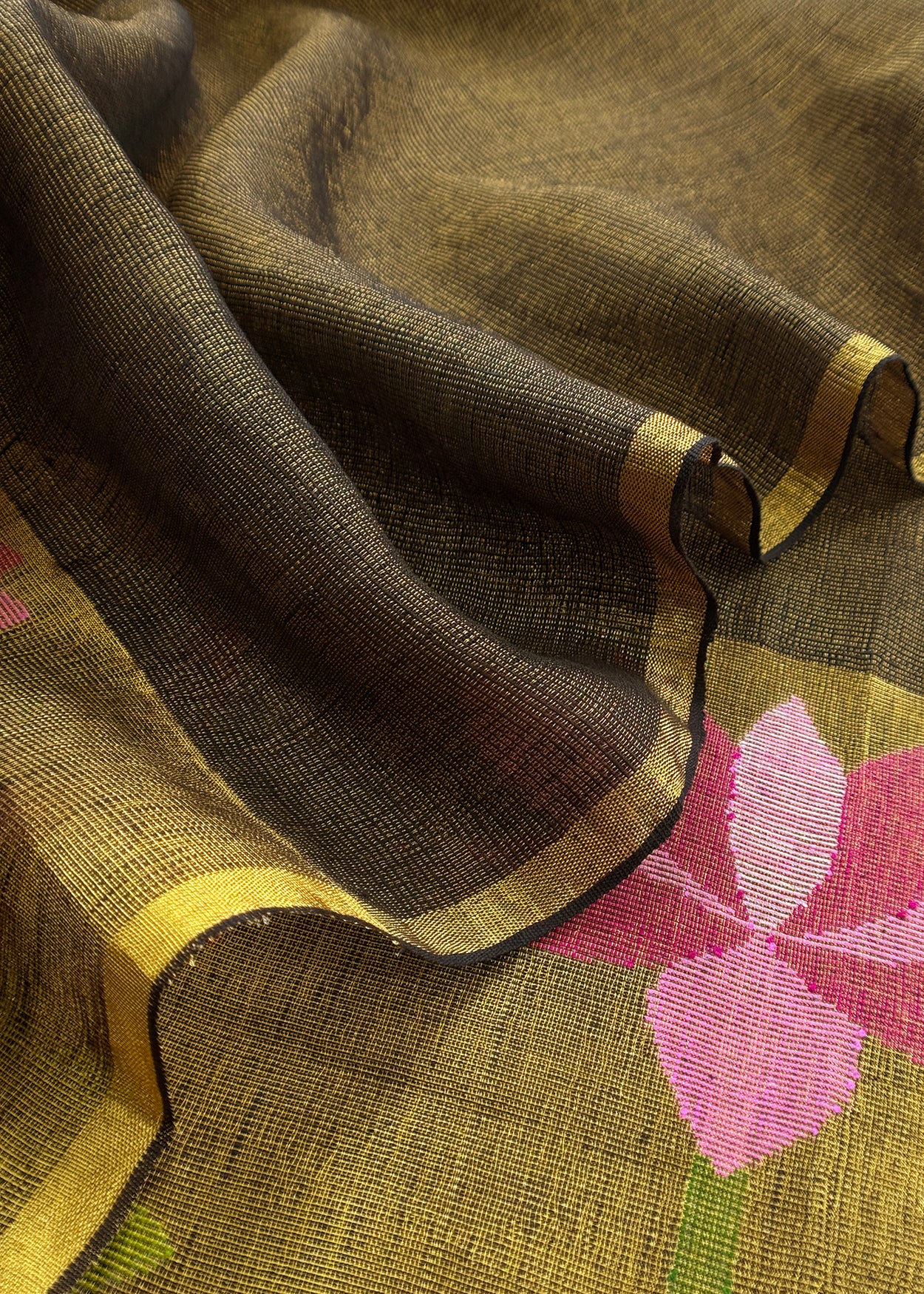 Army Green Pure Linen Suit Fabric With Gold Zari Lotus Needle Jamdani Weaving Handmade On Loom
