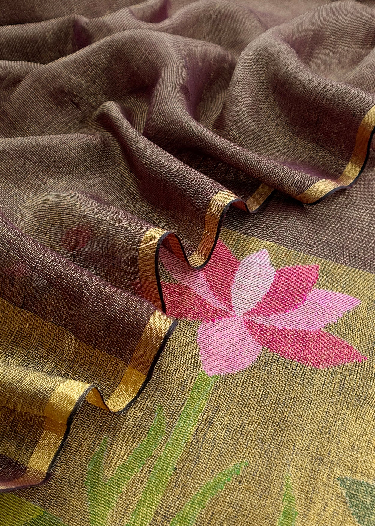 Coffee Brown Pure Linen Suit Fabric With Gold Zari Lotus Needle Jamdani Weaving Handmade On Loom