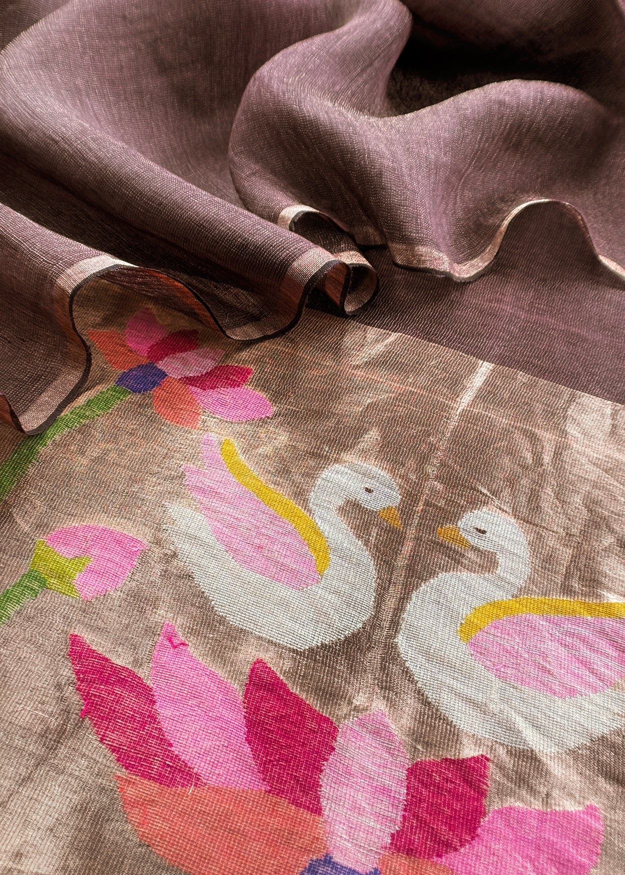 Coffee Brown Pure Linen Suit Fabric With Gold Zari Swan Needle Jamdani Weaving Handmade On Loom
