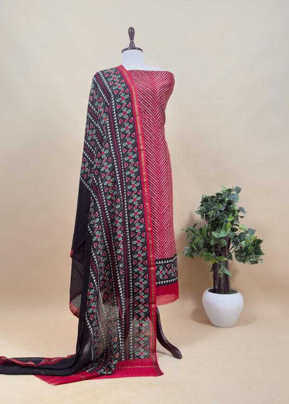 Blue Leheriya Maheshwari Silk Unstitched Suit With Patola Dupatta