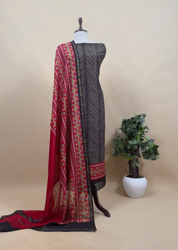 Blue Leheriya Maheshwari Silk Unstitched Suit With Patola Dupatta