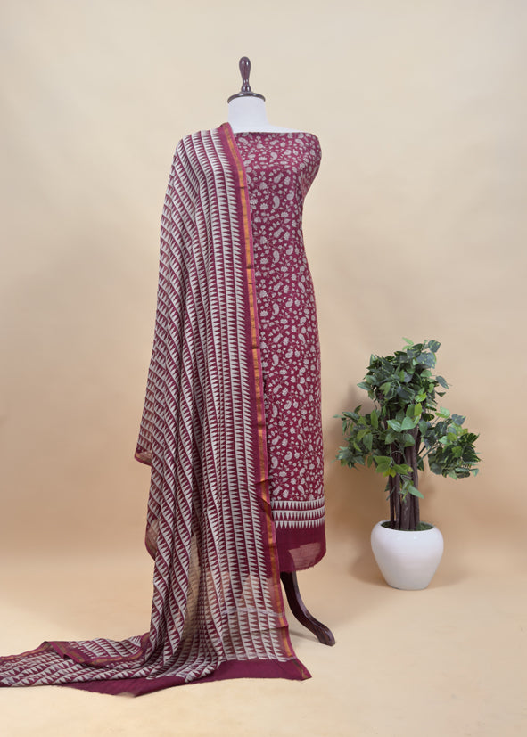 Maroon Bandhani Suit In Maheshwari With Kalamkari Dupatta