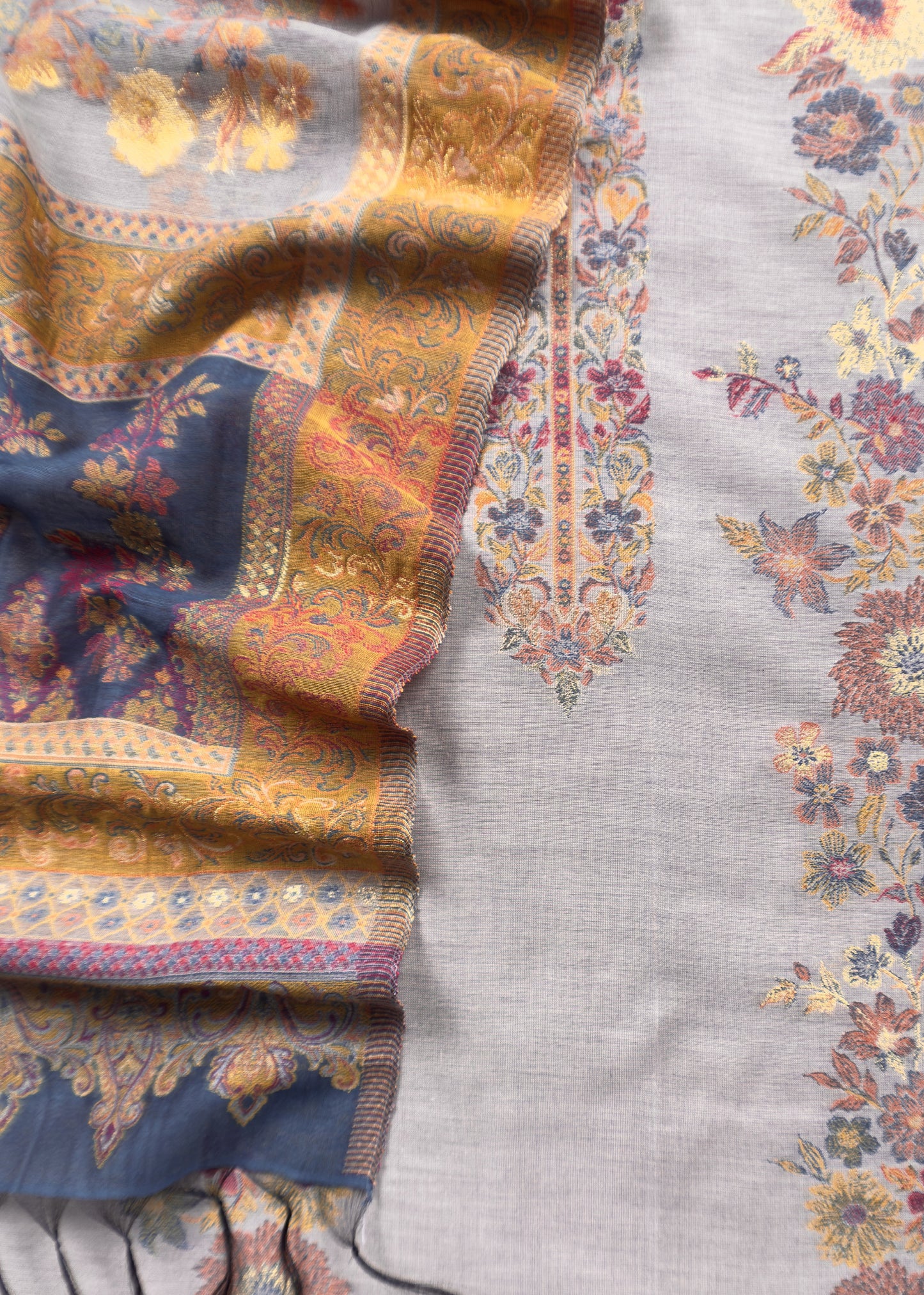 Grey With Pink Handwoven Kani Silk Unstitched Suit