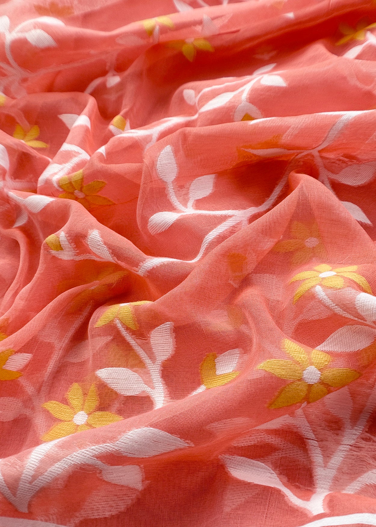 Peach Pure Linen Suit Fabric With Needle Jamdani Weaving Handmade On Loom