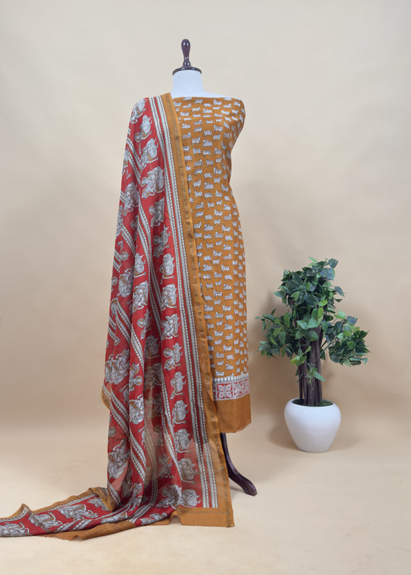 Red Pichwai Maheshwari Silk Unstitched Suit With Natraj Kalamkari Dupatta