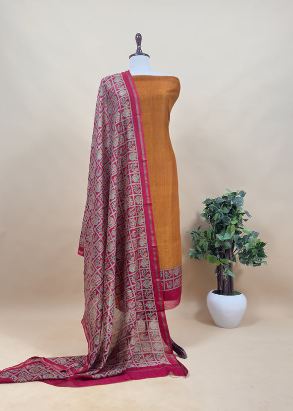 Pink Pure Maheshwari Silk Unstitched Suit Fabric With Shikagarh Print