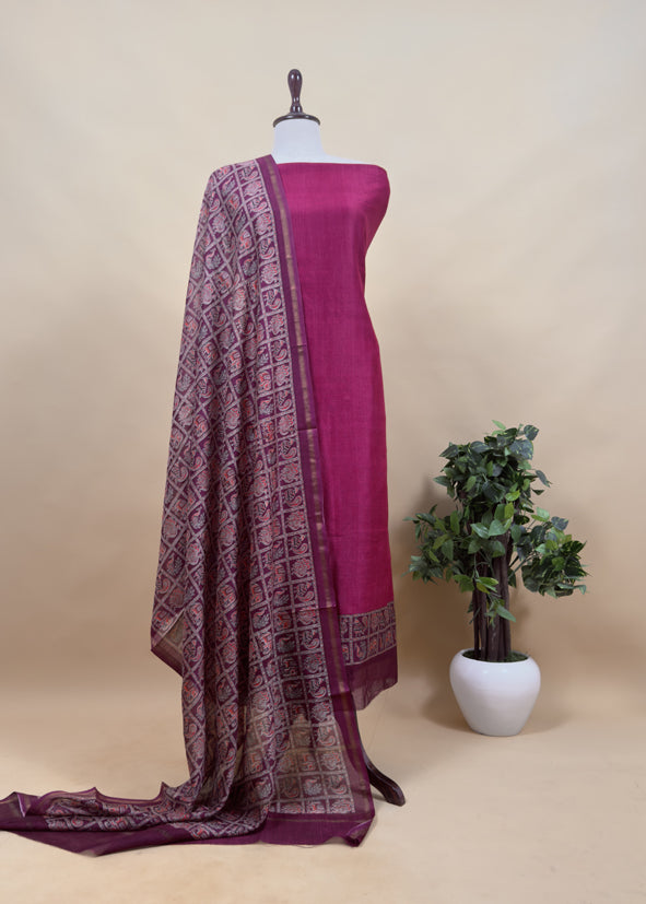 Orange Pure Maheshwari Silk Unstitched Suit Fabric With Shikagarh Print