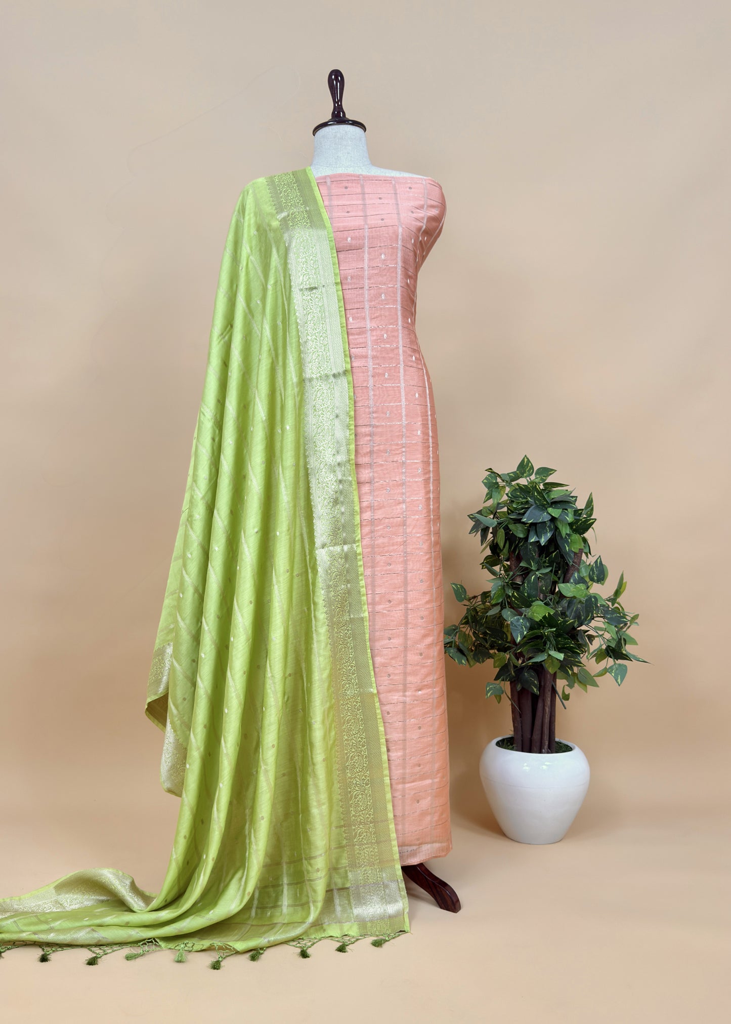 Purple and Lime Green Pure Assamese Silk Suit Fabric Zith Zari Weaving