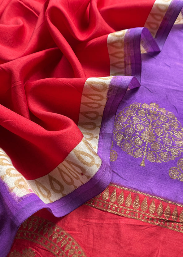 Luxe Violet And Red Designer Handwoven Silk Suit Fabric With Zari Weaving
