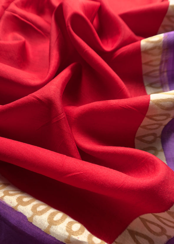 Luxe Violet And Red Designer Handwoven Silk Suit Fabric With Zari Weaving
