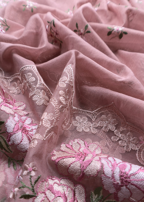 Pink Pure Mulmul Suit Fabric With Floral Resham Embroidery