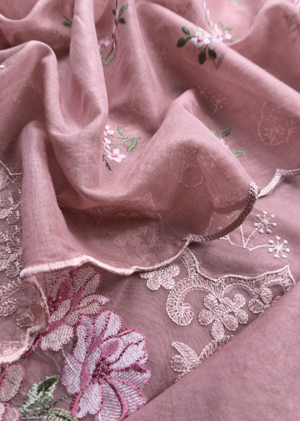 Pink Pure Mulmul Suit Fabric With Floral Resham Embroidery