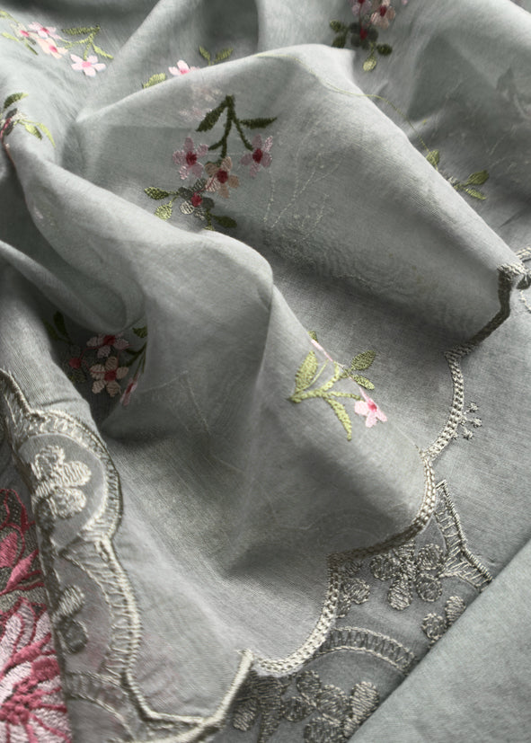 Gray Pure Mulmul Suit Fabric With Floral Resham Embroidery