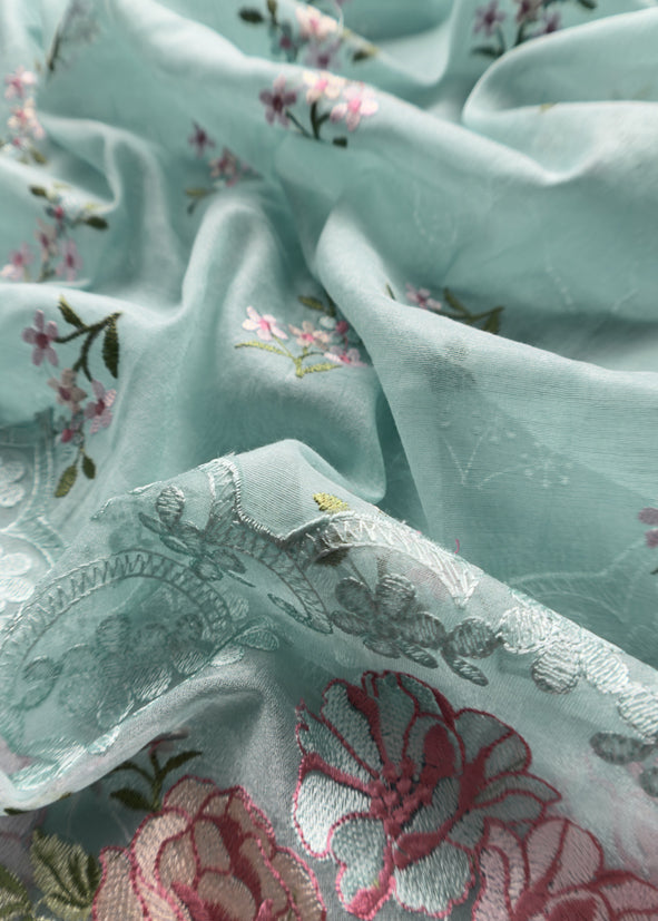 Pastel Blue Pure Mulmul Suit Fabric With Floral Resham Embroidery