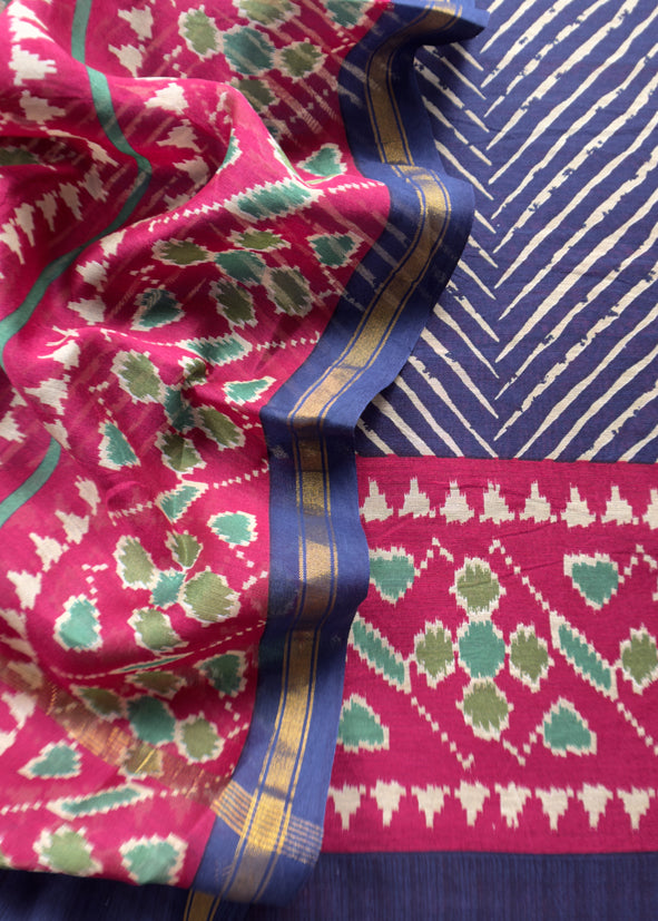 Blue Leheriya Maheshwari Silk Unstitched Suit With Patola Dupatta