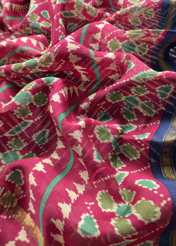 Blue Leheriya Maheshwari Silk Unstitched Suit With Patola Dupatta