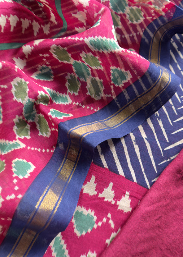 Blue Leheriya Maheshwari Silk Unstitched Suit With Patola Dupatta