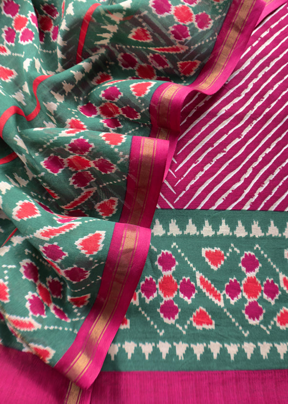 Pink Leheriya Maheshwari Silk Unstitched Suit With Patola Dupatta