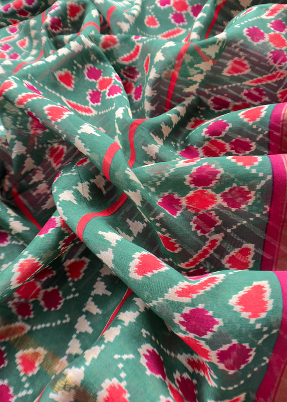 Pink Leheriya Maheshwari Silk Unstitched Suit With Patola Dupatta
