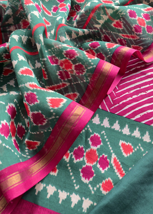 Pink Leheriya Maheshwari Silk Unstitched Suit With Patola Dupatta