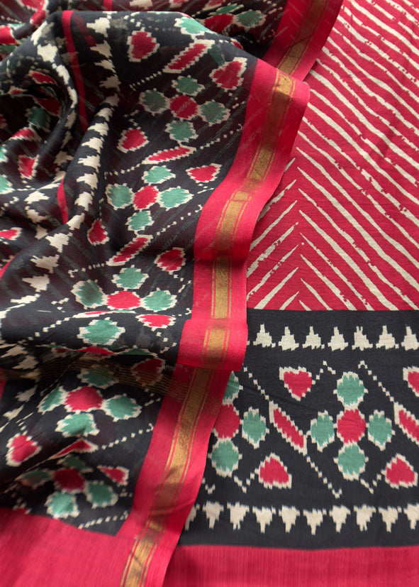 Red Leheriya Maheshwari Silk Unstitched Suit With Patola Dupatta