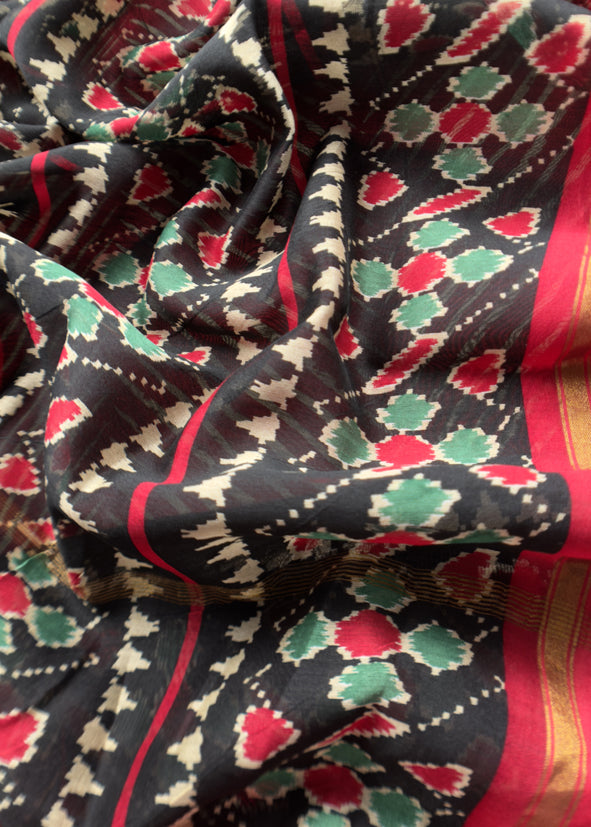Red Leheriya Maheshwari Silk Unstitched Suit With Patola Dupatta