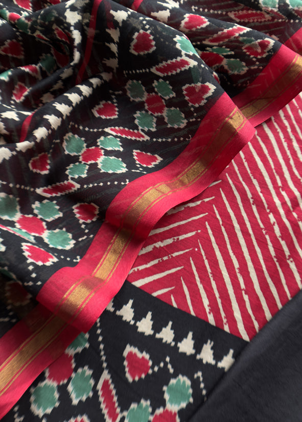 Red Leheriya Maheshwari Silk Unstitched Suit With Patola Dupatta